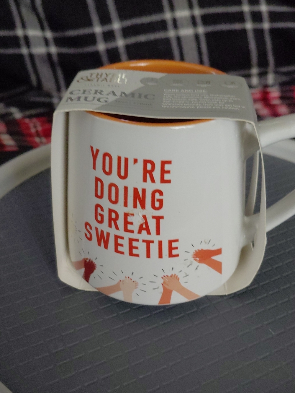Ceramic Coffee Mug - White with Orange Interior and Orange Text